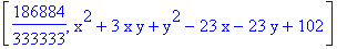 [186884/333333, x^2+3*x*y+y^2-23*x-23*y+102]